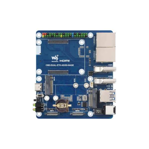 Dual Ethernet Base Board For Raspberry Pi CM5, Supports 4G / 5G Module, Dual 4K Display Outputs And Dual MIPI Interfaces, Onboard 40PIN GPIO Header And Dual USB 3.2 Gen1 Ports, PoE Module Support